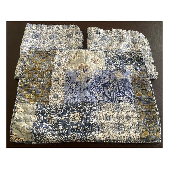 Nobility 3-Pc Blue Paisley Ruffle & Patchwork Floral Pillow Sham Set Cotton - Picture 9 of 12